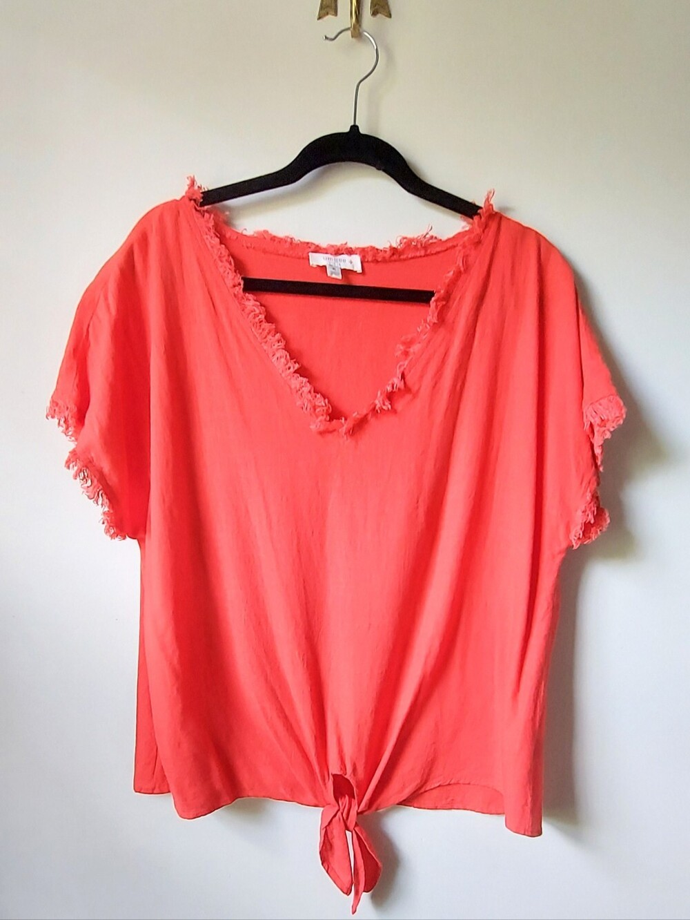 Umgee Coral Tie-Front V-Neck Fringe-Trim Top XL EUC